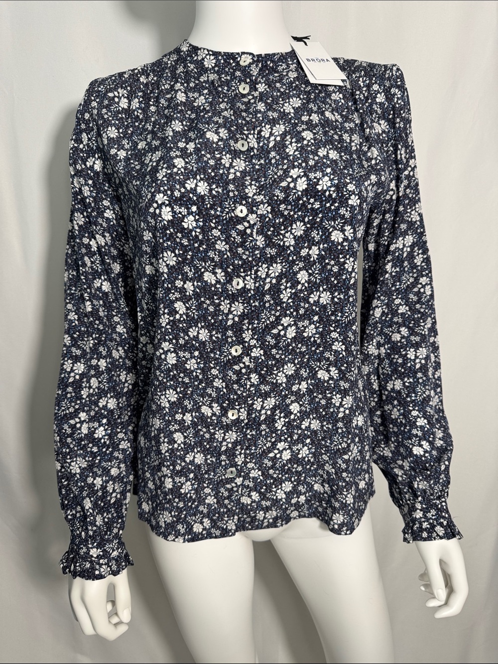 NWT Brora 100% Silk Ditsy Floral Blouse Blue White Mock Neck Size US 4
